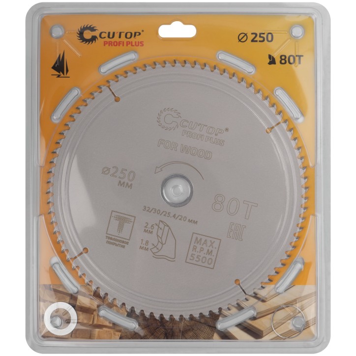 Диск пильный по дереву с тефлоновым покрытием 80Т, Profi plus, 250x1,8/2,6x32/30/25,4/20 мм