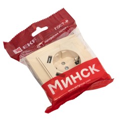 Минск Розетка 1-местная СП с/з 16А бежевая с защ. штор. с 2 USB 2,1А EKF