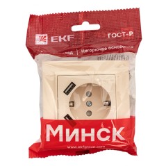 Розетка Минск 1-местная СП с заземлением 16А бежевая с защитными шторками с 2 USB 2,1А