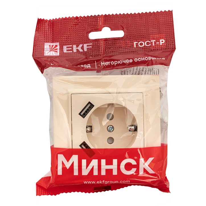 Минск Розетка 1-местная СП с/з 16А бежевая с защ. штор. с 2 USB 2,1А EKF