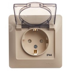 GLOSSA Розетка с заземлением со шторками с крышкой бежевая в сборе IP44