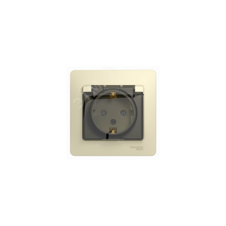 GLOSSA Розетка с заземлением со шторками с крышкой бежевая в сборе IP44