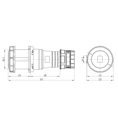 Розетка кабельная IP67 125A 2P+E 230V