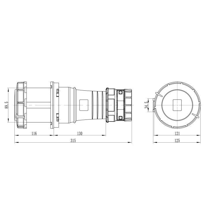 Розетка кабельная IP67 125A 2P+E 230V