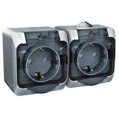 ЭТЮД Розетка двойная наружная с заземлением со шторками IP44 серая