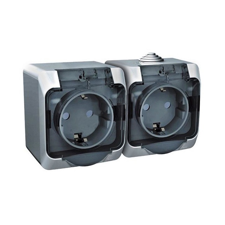 ЭТЮД Розетка двойная наружная с заземлением со шторками IP44 серая