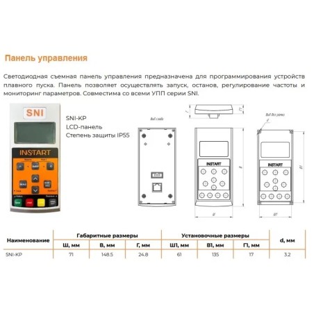 Устройство плавного пуска SNI-22/30-06 +SNI-DP-S(PROFIBUS) 22кВт 30А 3ф 594-759В, IP00, контактор встроен, панель LCD IP55 вынос