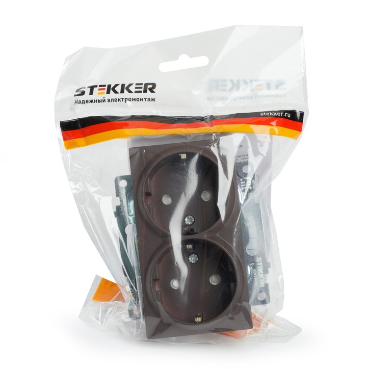 Розетка двухместная с защитной шторкой (механизм) с/з, 250В, 16А, серия Катрин, шоколад Stekker