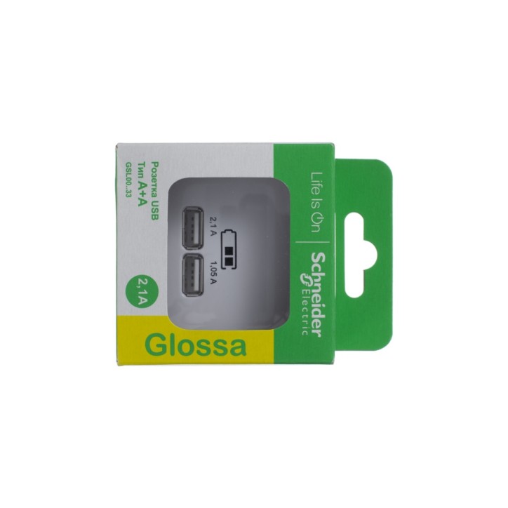 GLOSSA USB РОЗЕТКА, 5В/2100мА, 2х5В/1050мА, механизм, БЕЛЫЙ