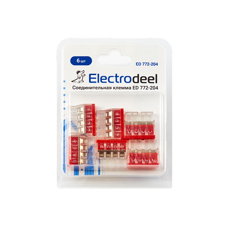 Клемма соединительная 4-контактная (6шт) Elеctrodeel. Диапазон сечений 0,5-2,5 мм2. Номинальный ток/напряжение: 24А/450В. Упаков