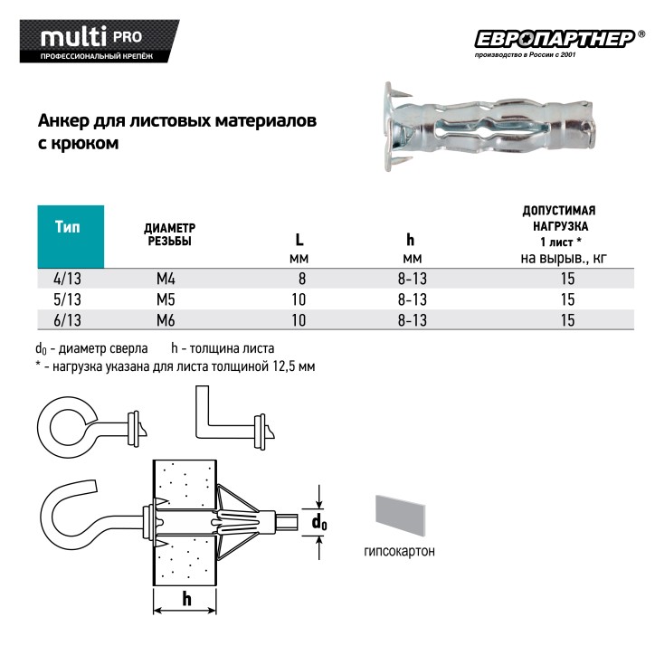 Анкер для листовых материалов с L-обр. крюком MULTI PRO оцинкованный 6/13 мм (2 шт.)