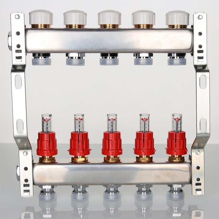 Коллекторная группа с регулирующими клапанами и расходомерами 1'x 5 выходами 3/4' евроконус