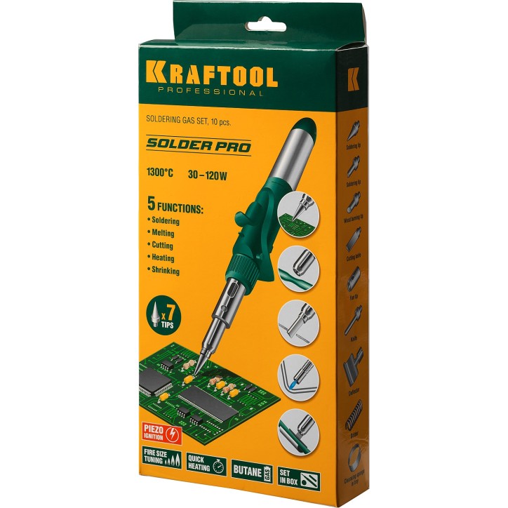 Газовый паяльник SolderPro 120K, набор 10-в-1, 30-120 Вт, горелка, фен, пьезоподжиг, 1300°С