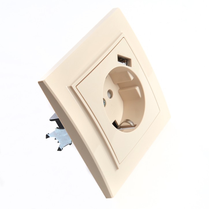 Розетка одноместная с/з с защитной шторкой и с USB, серия Эрна, слоновая кость, Stekker Розетка одноместная с/з с защитной шторкой и с USB, серия Эрна, слоновая кость, Stekker