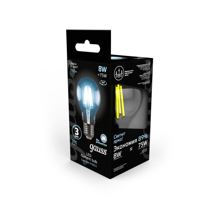 Лампа Gauss Filament А60 8W 780lm 4100К Е27 LED 1/10/40