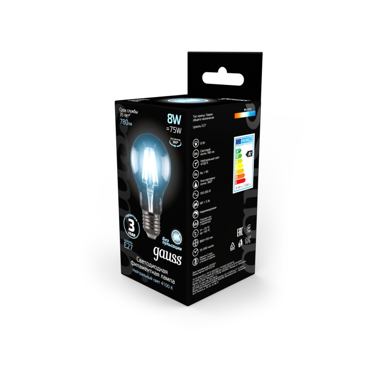 Лампа Gauss Filament А60 8W 780lm 4100К Е27 LED 1/10/40