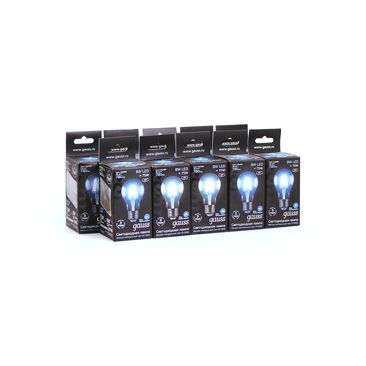 Лампа Gauss Filament А60 8W 780lm 4100К Е27 LED 1/10/40