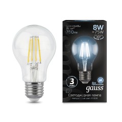 Лампа Gauss Filament А60 8W 780lm 4100К Е27 LED 1/10/40