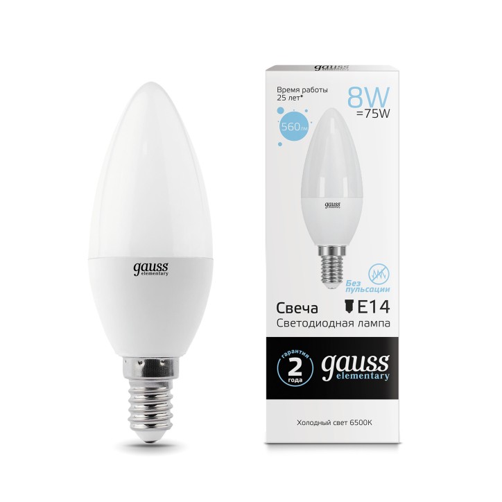 Лампа светодиодная LED 8 Вт 560 лм 6500К свеча холодный E14 AC 220В Elementary Gauss Лампа светодиодная LED 8 Вт 560 лм 6500К свеча холодный E14 AC 220В Elementary Gauss