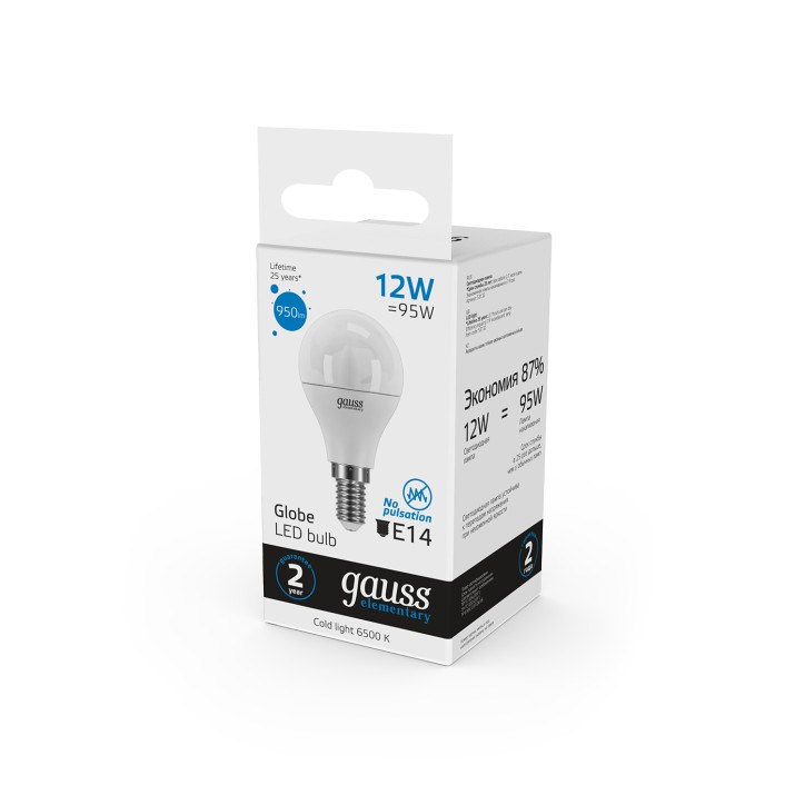 Лампа светодиодная LED 12 Вт 950 лм 6500К шар P45 холодный E14 AC 220В Elementary Gauss Лампа светодиодная LED 12 Вт 950 лм 6500К шар P45 холодный E14 AC 220В Elementary Gauss