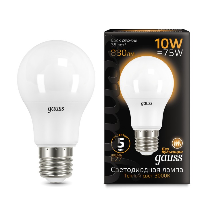 Лампа светодиодная LED 10 Вт 880 лм 3000К А60 груша теплый E27 AC 220В Black Gauss Лампа светодиодная LED 10 Вт 880 лм 3000К А60 груша теплый E27 AC 220В Black Gauss