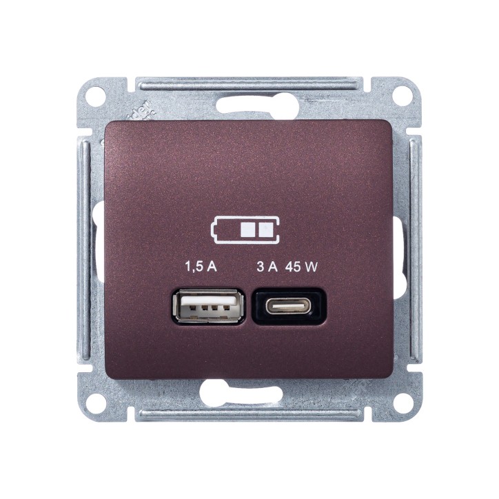 GLOSSA USB РОЗЕТКА A + тип-C 45W высокоскор.заряд. QC,PD, механизм, БАКЛАЖАНОВЫЙ