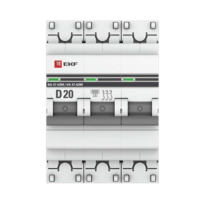 Автоматический выключатель 3P 20А (D) 6кА ВА 47-63M c одним магнитным расцепителем