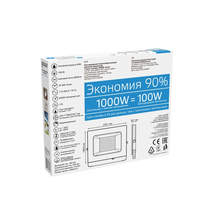 Прожектор светодиодный ДО 100 Вт 9500 лм 6500К AC 220В IP65 234х254х233мм Elementary G2 Gauss
