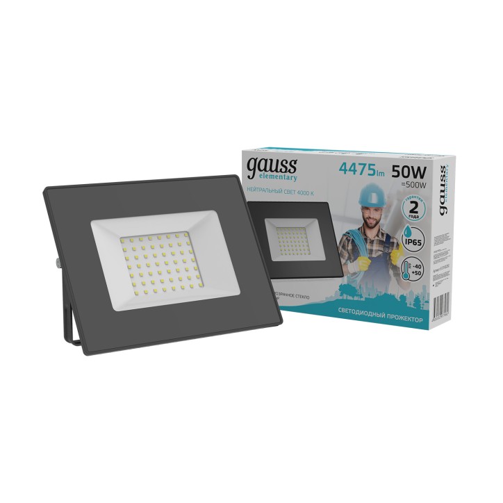 Прожектор светодиодный ДО 50 Вт 4495 лм 4000К AC 220В IP65 162х174х32мм Elementary G2 Gauss Прожектор светодиодный ДО 50 Вт 4495 лм 4000К AC 220В IP65 162х174х32мм Elementary G2 Gauss