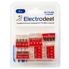 Клемма соединительная 4-контактная с пастой Elеctrodeel ED 772-204-b6, сечение 0,5-2,5 мм2, 24А/450В