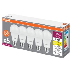 Лампа светодиодная LED 15 Вт E27 3000К 1200Лм груша 220 В (замена 125Вт) упак 5 шт OSRAM