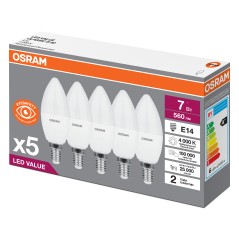 Лампа светодиодная OSRAM LED Value B, 560лм, 6,5Вт (замена 60Вт), 4000К (нейтральный белый свет). Цоколь E14, колба B. Исполнени