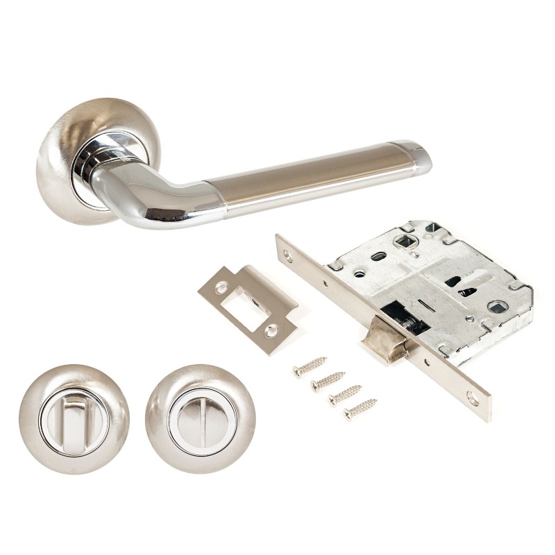 Комплект ручек и защелка АЛЛЮР АРТ ПОЛО SN/CP+L7050S SN+BK-R1 SN (1582/S7050) мат.никель/хром с фикс