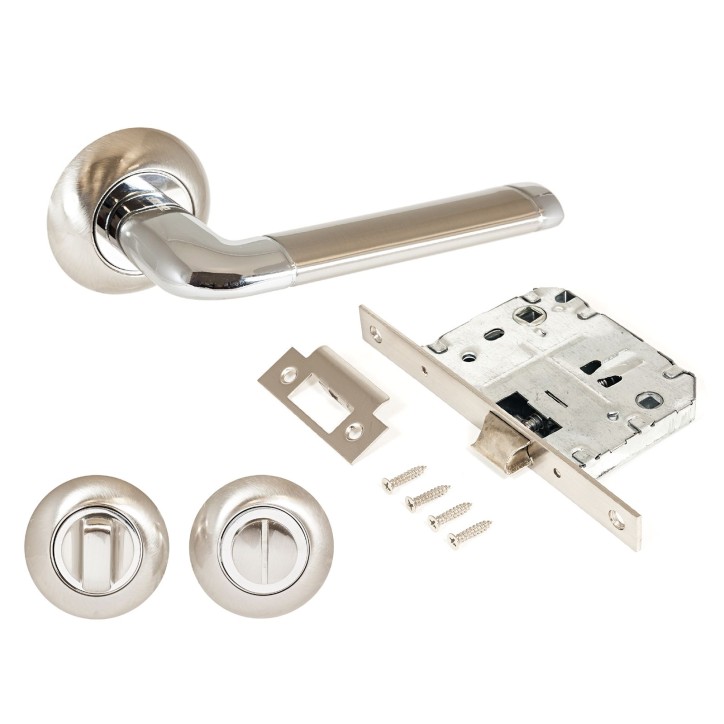 Комплект ручек и защелка АЛЛЮР АРТ ПОЛО SN/CP+L7050S SN+BK-R1 SN (1582/S7050) мат.никель/хром с фикс Комплект ручек и защелка АЛЛЮР АРТ ПОЛО SN/CP+L7050S SN+BK-R1 SN (1582/S7050) мат.никель/хром с фикс