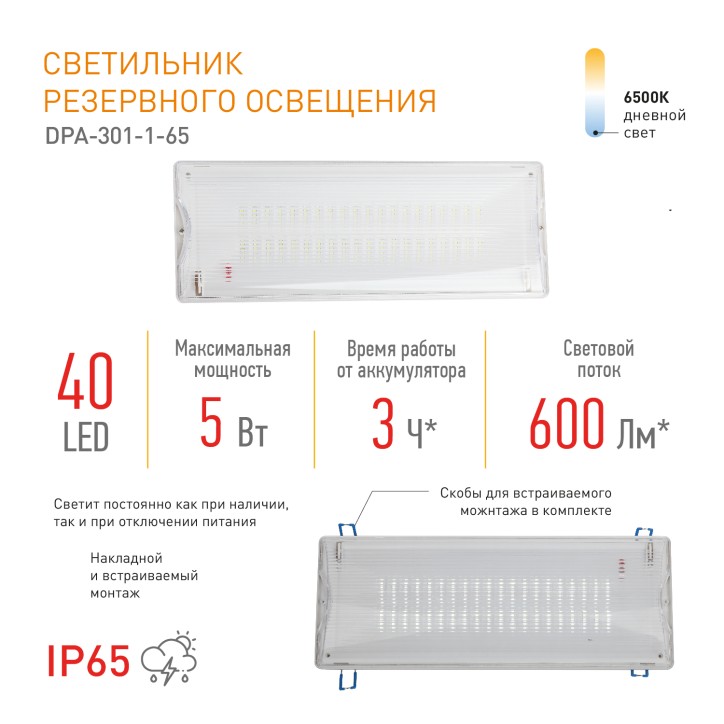 Аварийный светильник DPA-301-1-65 постоянный 40LED 3ч IP65 NiCD