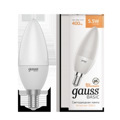 Лампа светодиодная LED 5.5 Вт 410 лм 3000К свеча теплый E14 AC 220В Basic Gauss