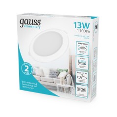 Светильник Gauss Elementary Downlight круг 13W 1100m 4000K 170-260V IP20 145*26 монтаж белый LED 1/60