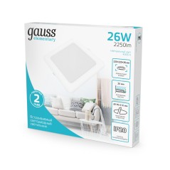 Светильник Gauss Elementary Downlight квадрат 26W 2250lm 4000K 170-260V IP20 220*26 монтаж белый LED 1/40