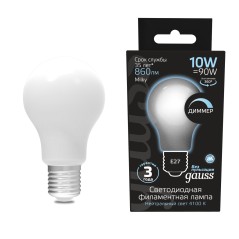 Лампа Gauss Filament А60 10W 860lm 4100К Е27 milky диммируемая LED 1/10/40