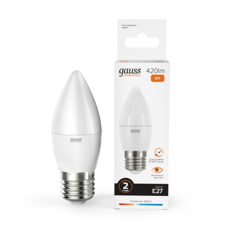 Лампа светодиодная LED 6 Вт 420 лм 3000К свеча теплый E27 AC 220В Elementary Gauss