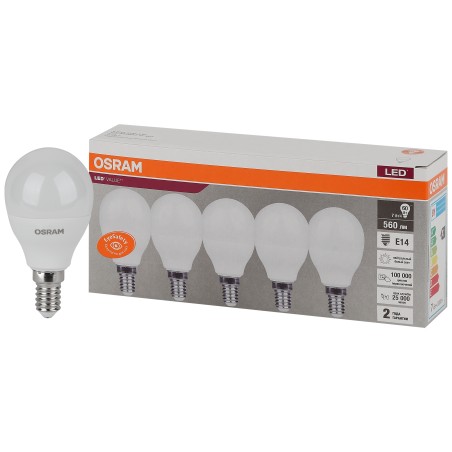 Лампа светодиодная OSRAM LED Value P, 560лм, 6,5Вт (замена 60Вт), 4000К (нейтральный белый свет). Цоколь E14, колба P. Исполнени