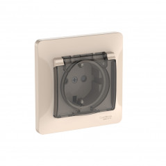 GLOSSA РОЗЕТКА с заземлением со шторками с крышкой, 16А, IP44, в сборе, быстрозажимные клеммы, БЕЖЕВЫЙ