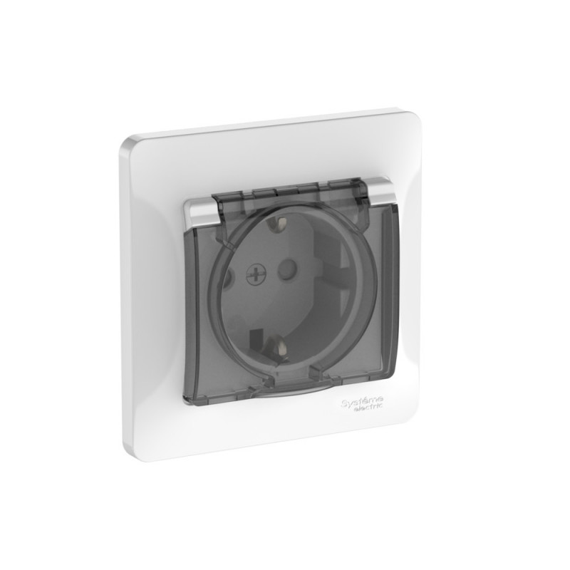 GLOSSA РОЗЕТКА с заземлением со шторками с крышкой, 16А, IP44, в сборе, быстрозажимные клеммы, БЕЛЫЙ