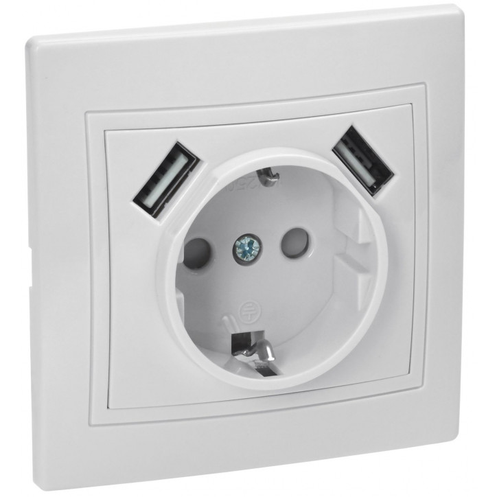 КВАРТА Розетка с заземлением со шторками белая 16А USBх2 2,1А
