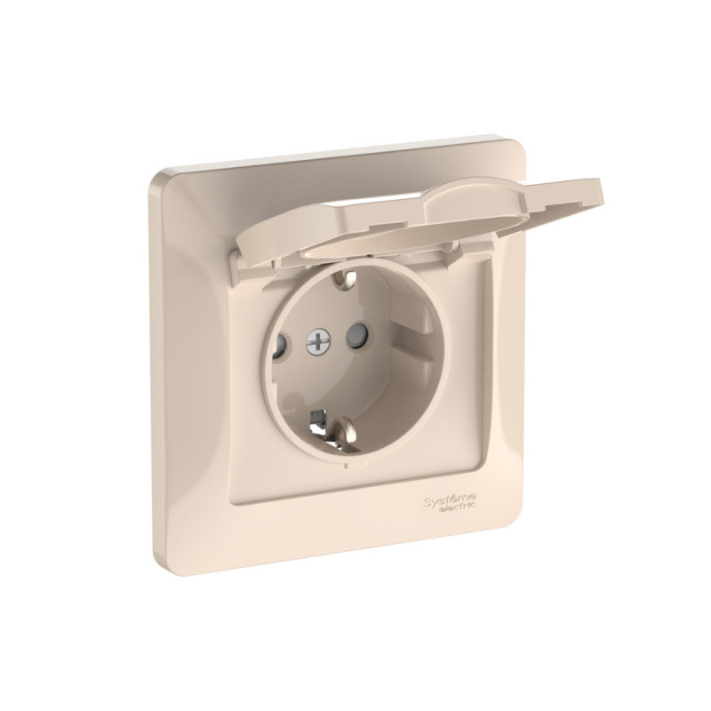 GLOSSA РОЗЕТКА с заземлением со шторками с крышкой, 16А, IP20, в сборе, быстрозажимные клеммы, БЕЖЕВЫЙ