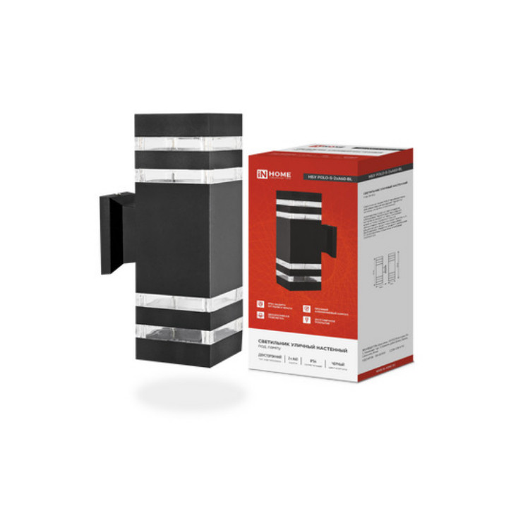 Светильник уличный настенный двусторонний НБУ POLO-S-2хA60-BL алюминиевый черный IP54 IN HOME Светильник уличный настенный двусторонний НБУ POLO-S-2хA60-BL алюминиевый черный IP54 IN HOME