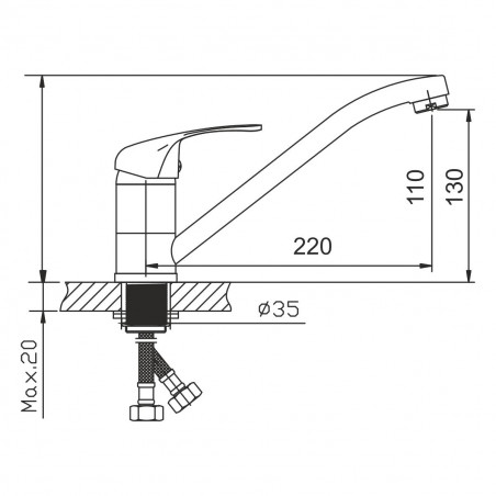 Смеситель для кухни шаровый с длинным изливом, крепеж гайка