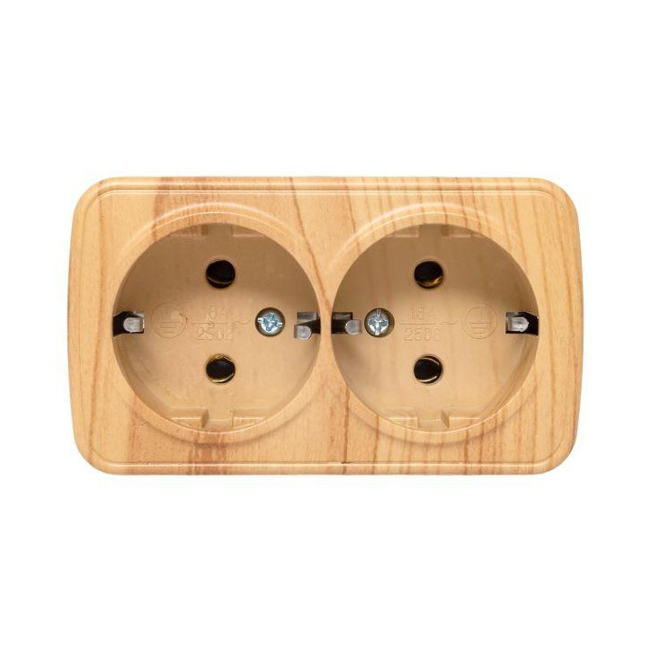 Розетка 2-местная ОП Минск 16А с заземлением светлое дерево Розетка 2-местная ОП Минск 16А с заземлением светлое дерево