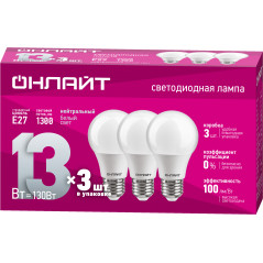 Лампа светодиодная 13вт OLL-A60-13-230-4K-E27-PACK3 (упаковка 3шт) ОНЛАЙТ