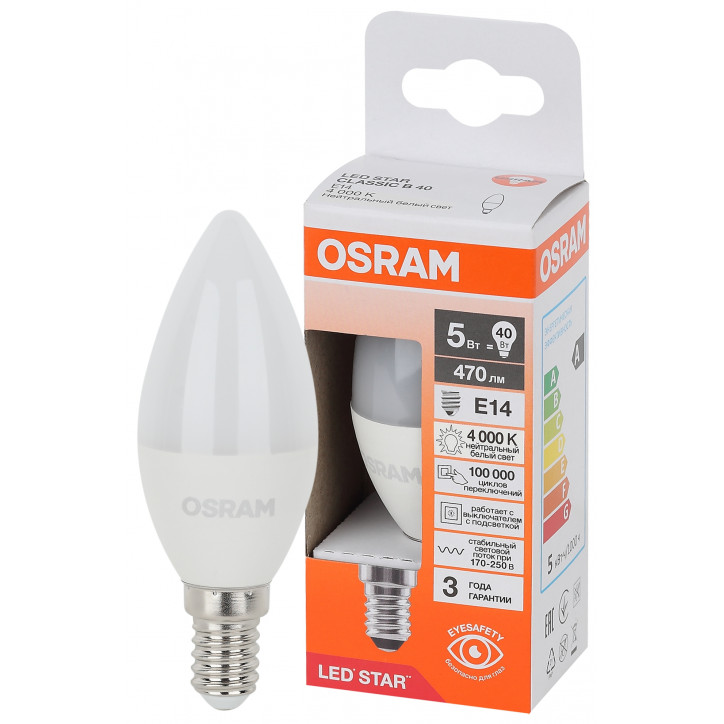 Лампа светодиодная LED Star Свеча 5Вт (замена 40Вт), 470Лм, 4000К, цоколь E14 OSRAM Лампа светодиодная LED Star Свеча 5Вт (замена 40Вт), 470Лм, 4000К, цоколь E14 OSRAM